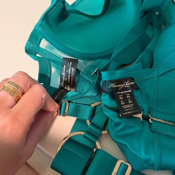 Honey Birdette KUKURO💚 Jade Green 2 Piece Set 32DD Harness Bra + Panty XS
